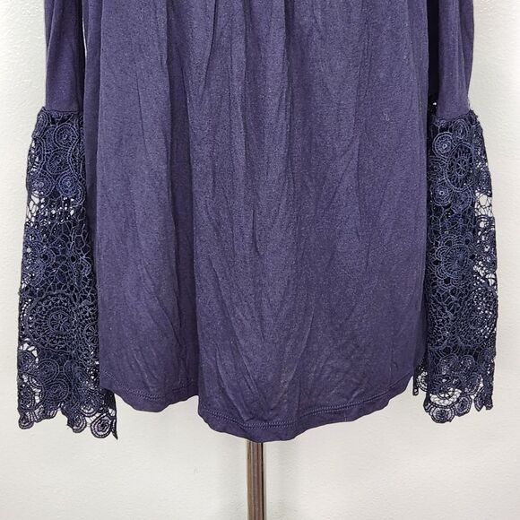 LOFT Navy Blue Lace Trimmed Bell Sleeve Off The Shoulder Blouse Size Medium - Picture 6 of 12